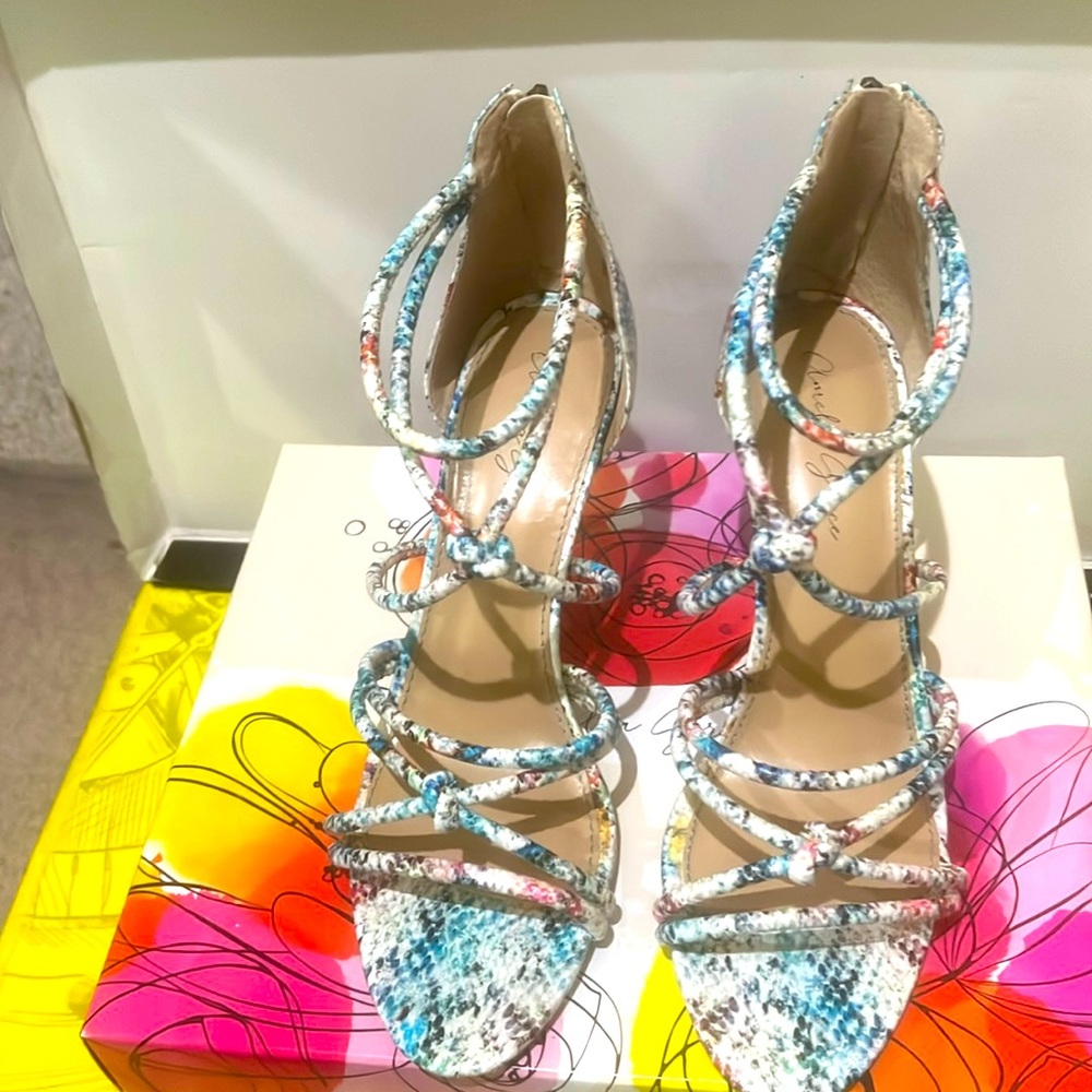 Amelia Grace Snakeskin Multi Color Rope Straps Zipper Heel 3.5 inch Stiletto